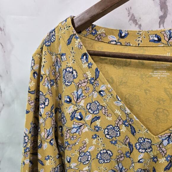 J Jill Shirt Women XL Yellow Blue Floral Printed V Neck Pure Modal Long Tee T - Picture 2 of 10